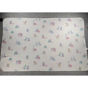 Vintage 90s Baby Receiving Blanket Swaddle Animals Dolls Pastel Print 41x26